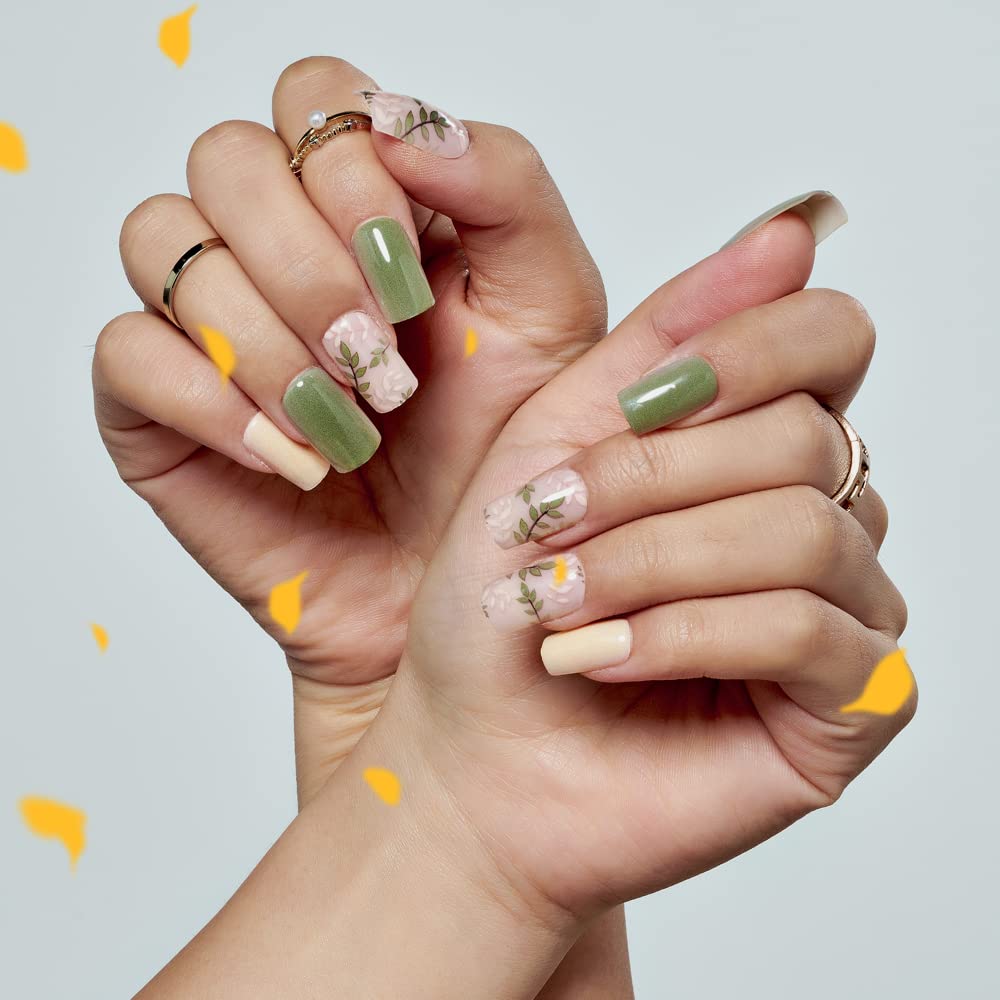 Press on Nails Medium Short Square GLAMERMAID, Amber Green Ferns Fake Nails with Design Cute Acrylic False Nail Kits Stick Glue on Nails Sets