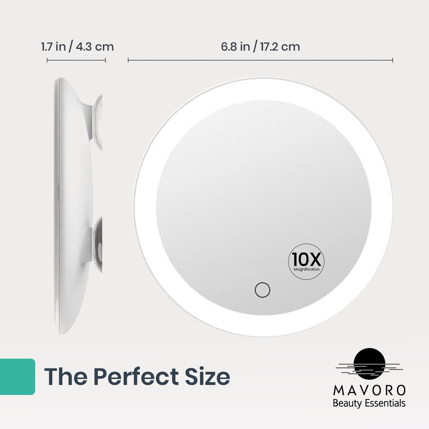 Mavoro 6.8" LED Magnifying Mirror with 3 Strong Suction Cups | 10X Magnification | Portable Lighted Travel Makeup & Cosmetic Mirror with Light (4 AAA