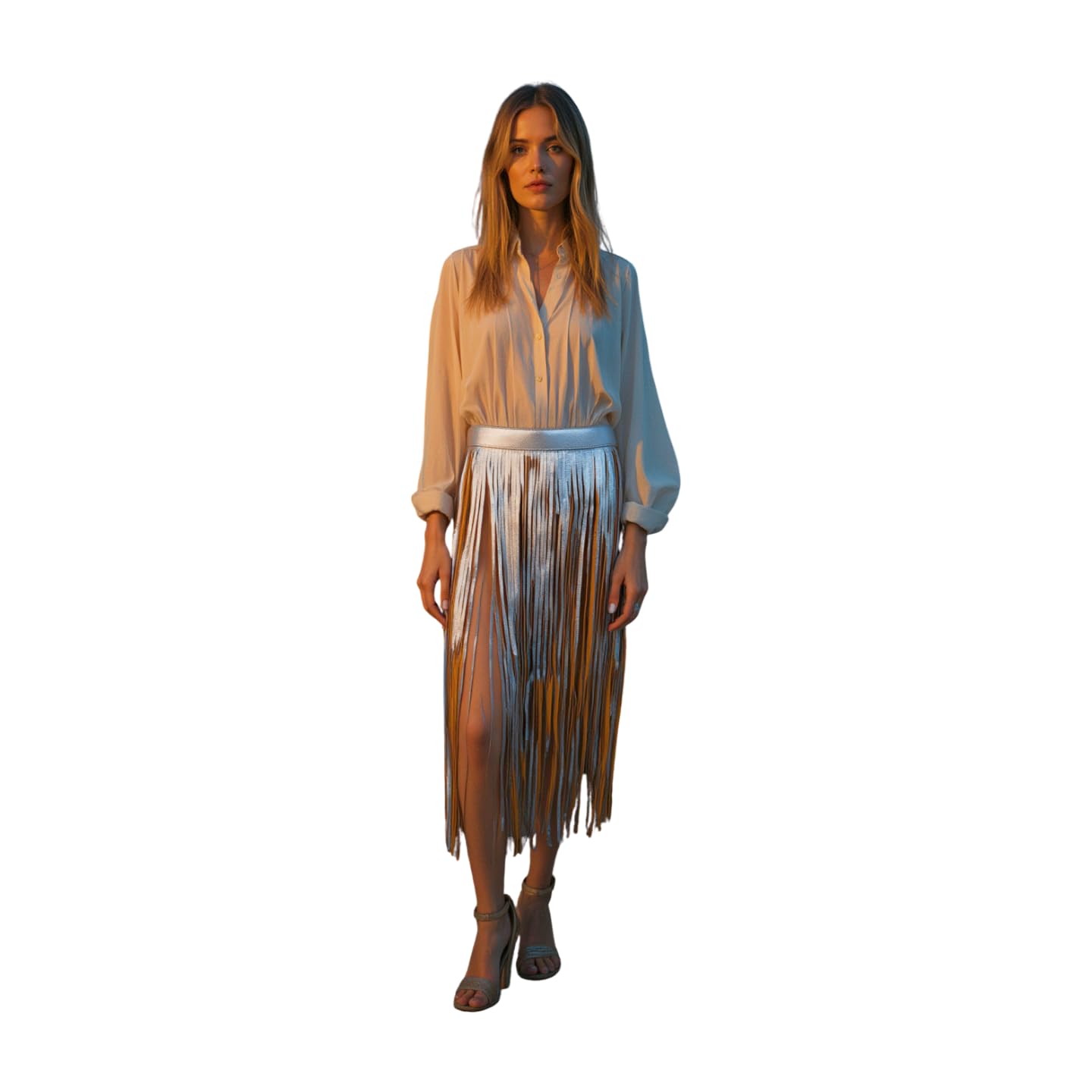 Women Skirt Fashion Belt - Wrap Around Long Faux Leather Waistband Fringes Tassel XS S Beige Silver