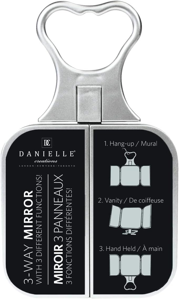 Danielle Creations 3-Way Foldable Travel Makeup Mirror with Built in Stand and Handle, Silver