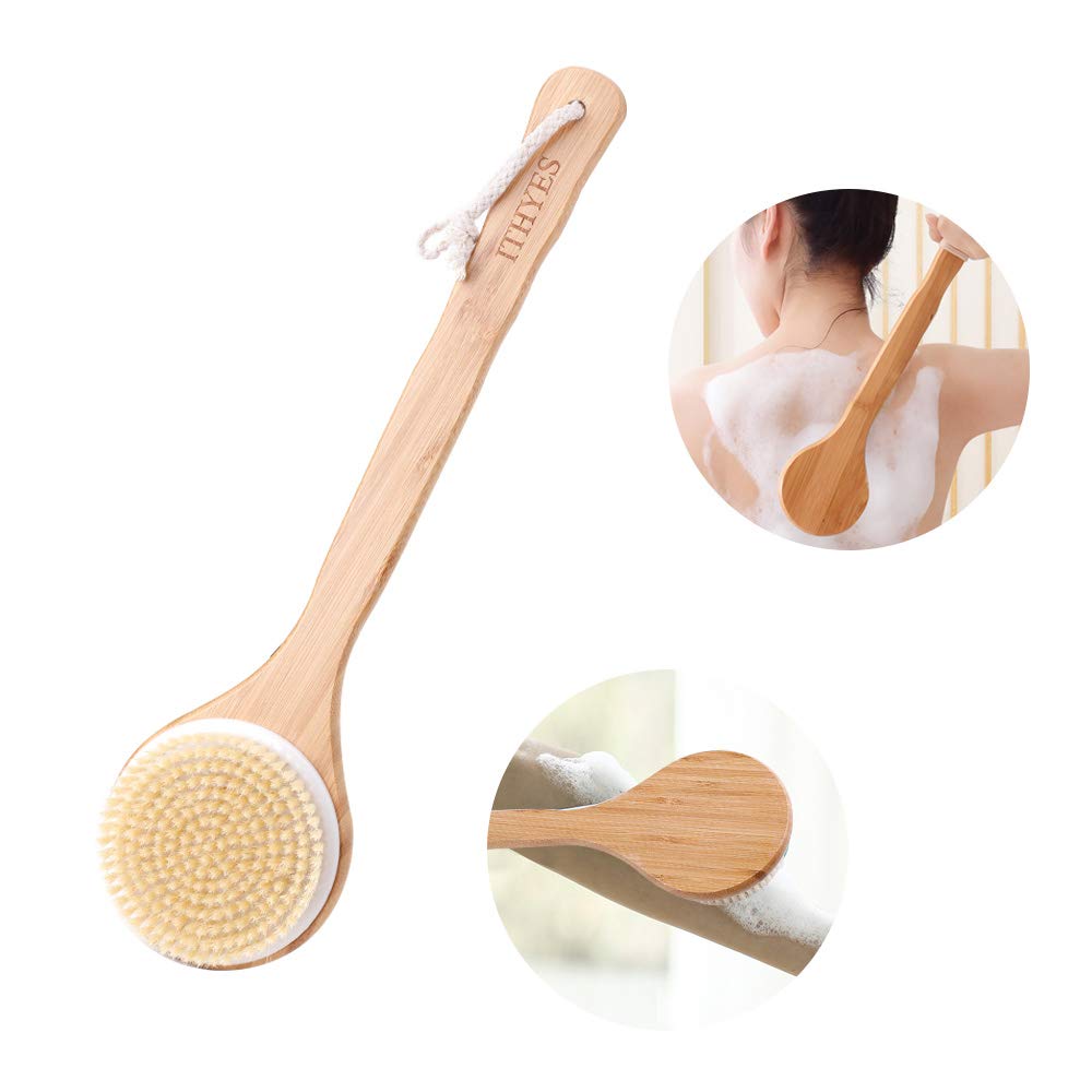 Ithyes Body Brush Dry Brushing Back Scrubber Shower Bath Brush Bamboo Wood Long Handle Natural Bristles exfoliating Massage Improve Blood Circulation