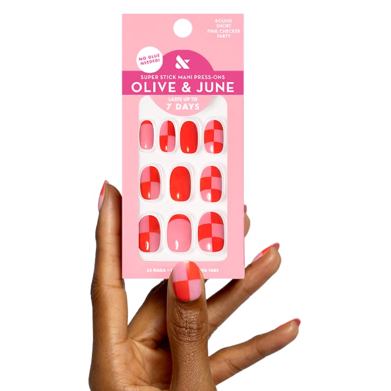 Olive & June Classic Super Stick Mani Summer Press On Nails | No Glue Needed | 32 Tab Nails 16 Sizes | Non-Toxic Tabs Easy On-Off Non-Damaging | 7-Day Beauty & Personal Care Olive & June