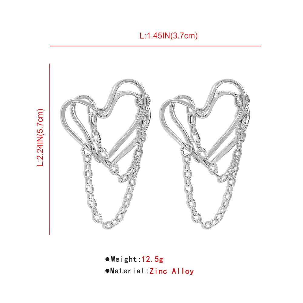 JWICOS Tassel Chain Drop Dangle Double Layer Big Heart Hoop Earrings for Women Punk Style (Silver)