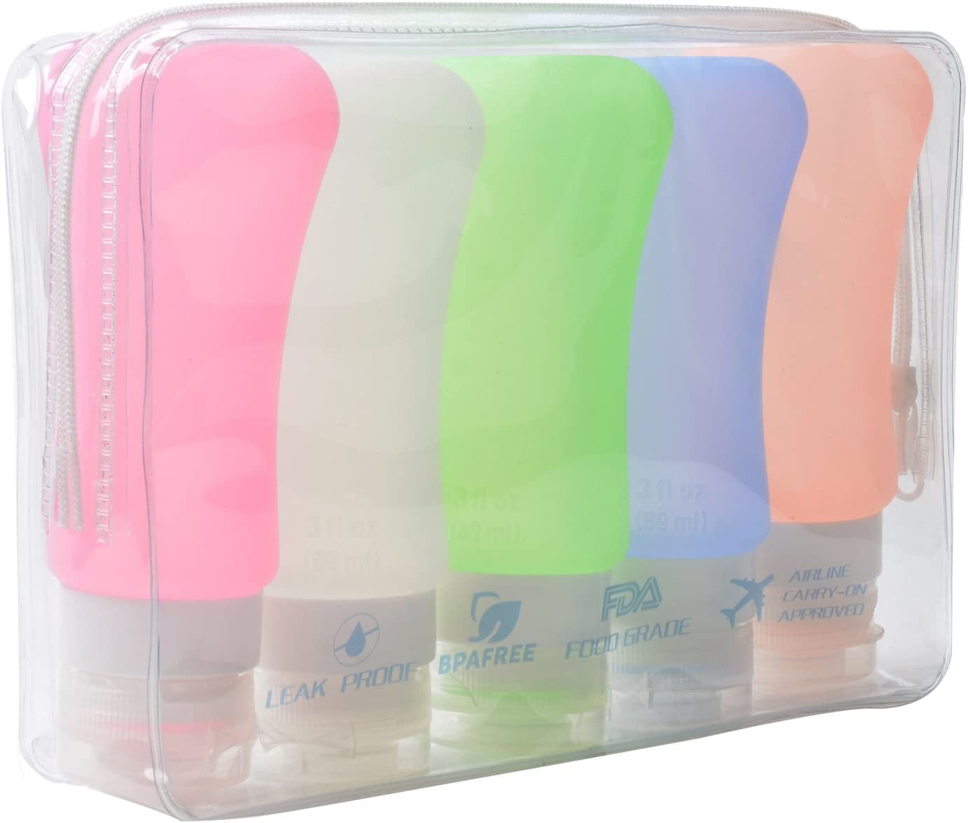 AOUTACC 5 Pack TSA Approved Travel Bottles Sets, 3 Ounce Leakproof Silicone Travel Containers Liquid Portable Leakproof Travel Size Bottles