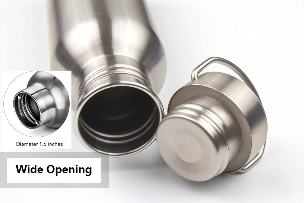 Stainless Steel Water Bottle, Uninsulated Leak Proof Sports Bottle, Wide Opening, with Carrying Loop, Silver 25 oz