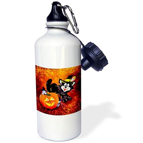 3dRose "Funny Halloween Cat and Mouse" Sports Water Bottle, 21 oz, White