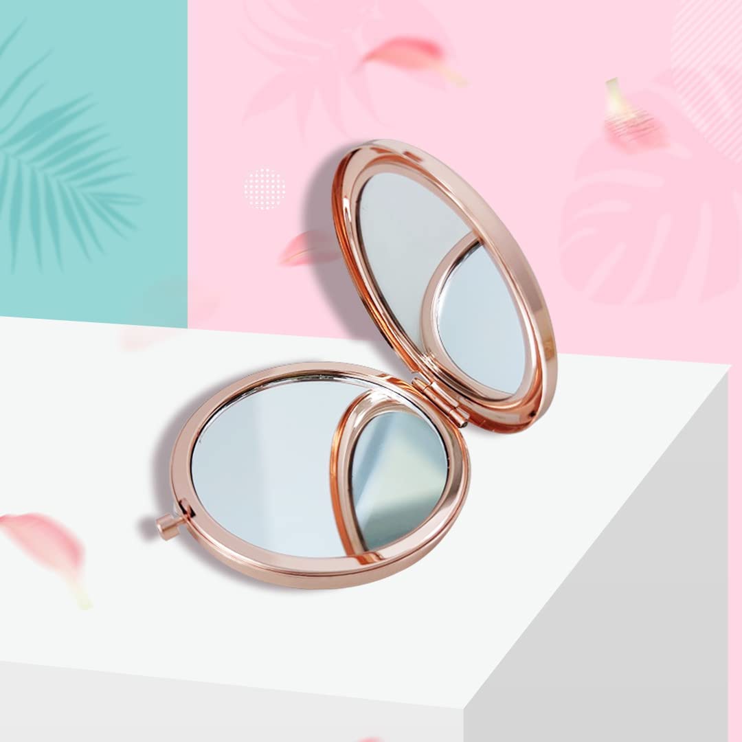 WOOYALIN Magnifying Compact Double-Sided 1X/2X Round Pocket Handheld Travel Makeup Portable Pocket Mirror Rose Glod