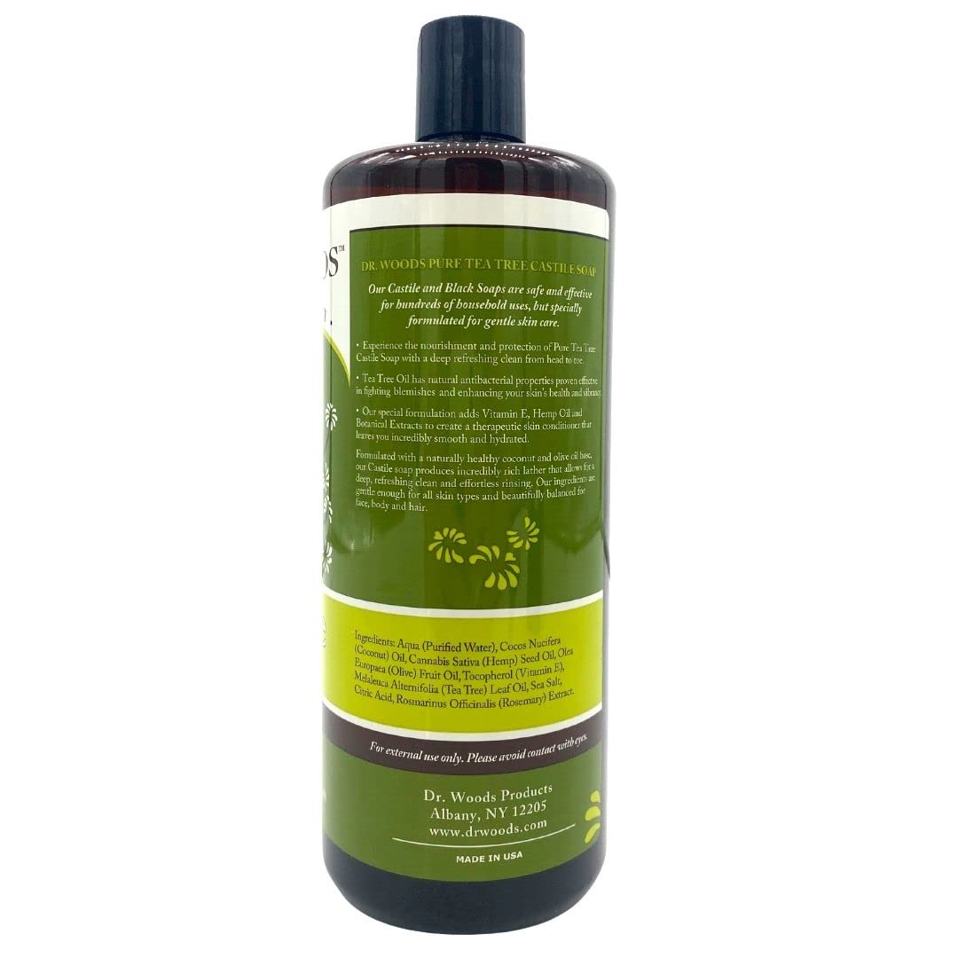 Dr. Woods Pure Tea Tree Liquid Castile Soap - Natural Castile Soap for Body, Hands, and Face with Vitamin E and Hemp Oil, for Men and Women - 32 Fl