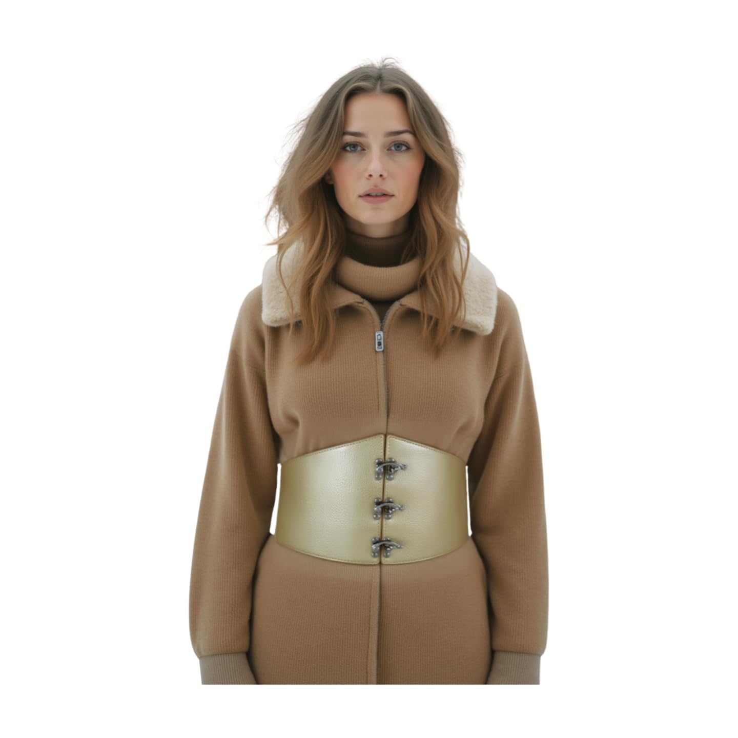 Women Elastic Waistband Wide Champagne Beige Corset Fashion Belt Silver Hook Plus Size L XL