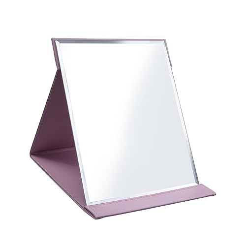 LONGSHENG - SINCE 2001 - Protable PU Leather Mirror Folding Desktop Makeup Mirror with Adjustable Stand for Personal Use,Travelling (L, Pink)