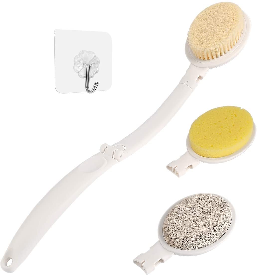 LFJ 19" Long Handle Shower Sponge Brush Set, 3 in 1 Body Brush, Bath Sponge and Lotion Applicator Improved Skin Health, Suitable for Men and Women