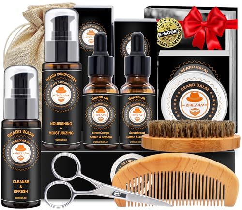 XIKEZAN Beard Kit for Men Care w/Beard Conditioner, Wash, Oil, Balm, Brush, Comb,Birthday Fathers Valentines Gifts for Men Him Dad Husband Boyfriend