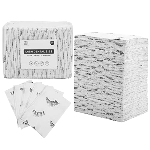 PRASNE Lashing Dental Bibs Disposable Pack of 125, Lash Pillow Cover of Lash Supplies, White 3-Ply Paper Poly Waterproof Towels, 13” x 18”, Black