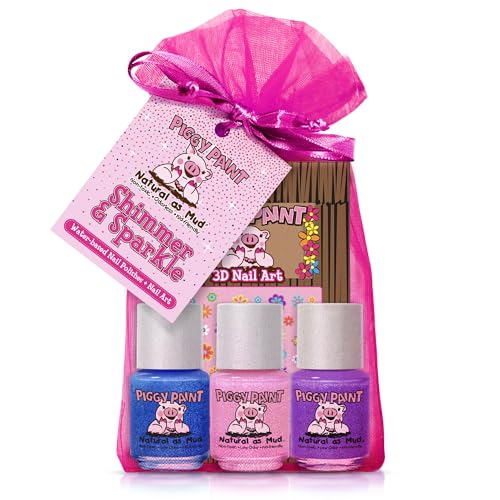 Piggy Paint | 100% Non-Toxic Girls Nail Polish | Safe, Cruelty-free, Vegan, & Low Odor for Kids | Shimmer & Sparkle (3 Polish + Nail Art Gift Set) Beauty & Personal Care Piggy Paint