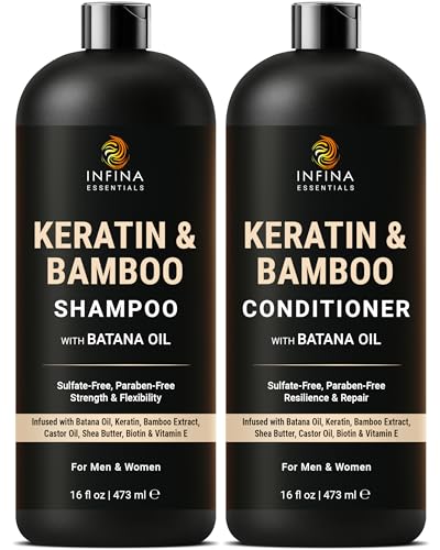 INFINA ESSENTIALS Rice Water Shampoo and Conditioner Set | 16 fl oz Each | with Batana Oil & Ginseng | Rice Shampoo for Repairing Damaged Hair |
