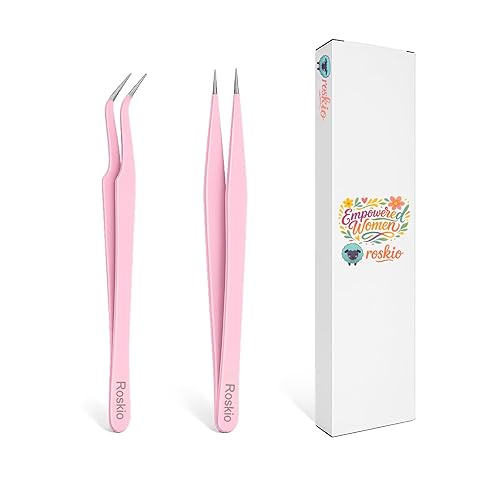 Roskio Nail Tweezer, 2pcs Stainless Steel Straight & Curved Nail Art Tweezers for Stickers, Rhinestone, Eyelash Extension, Nail Stickers, Cuticle