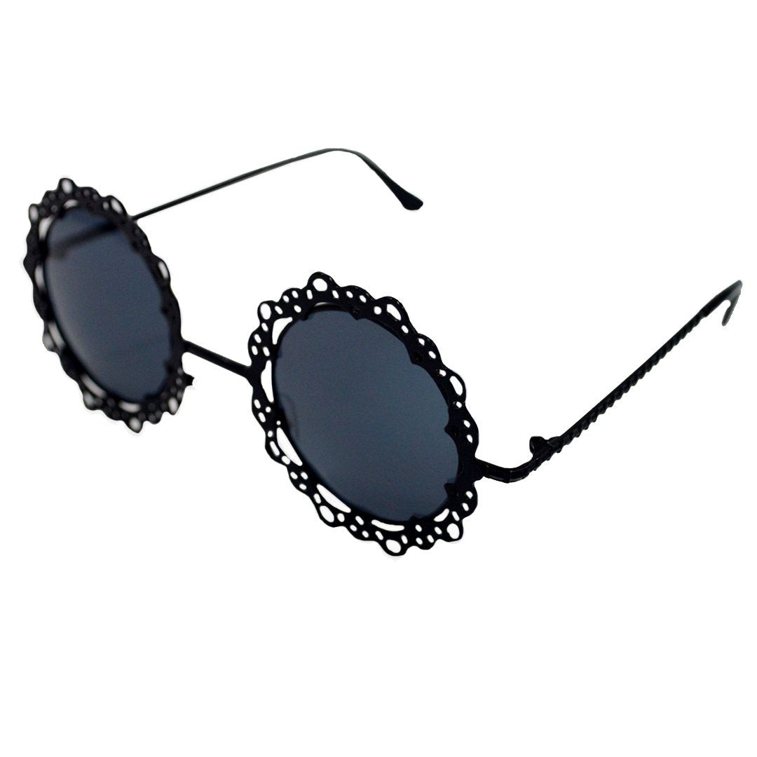 Mily Womens Vintage Hollow Lace Metal Flower Frame Round Sunglasses from (black)