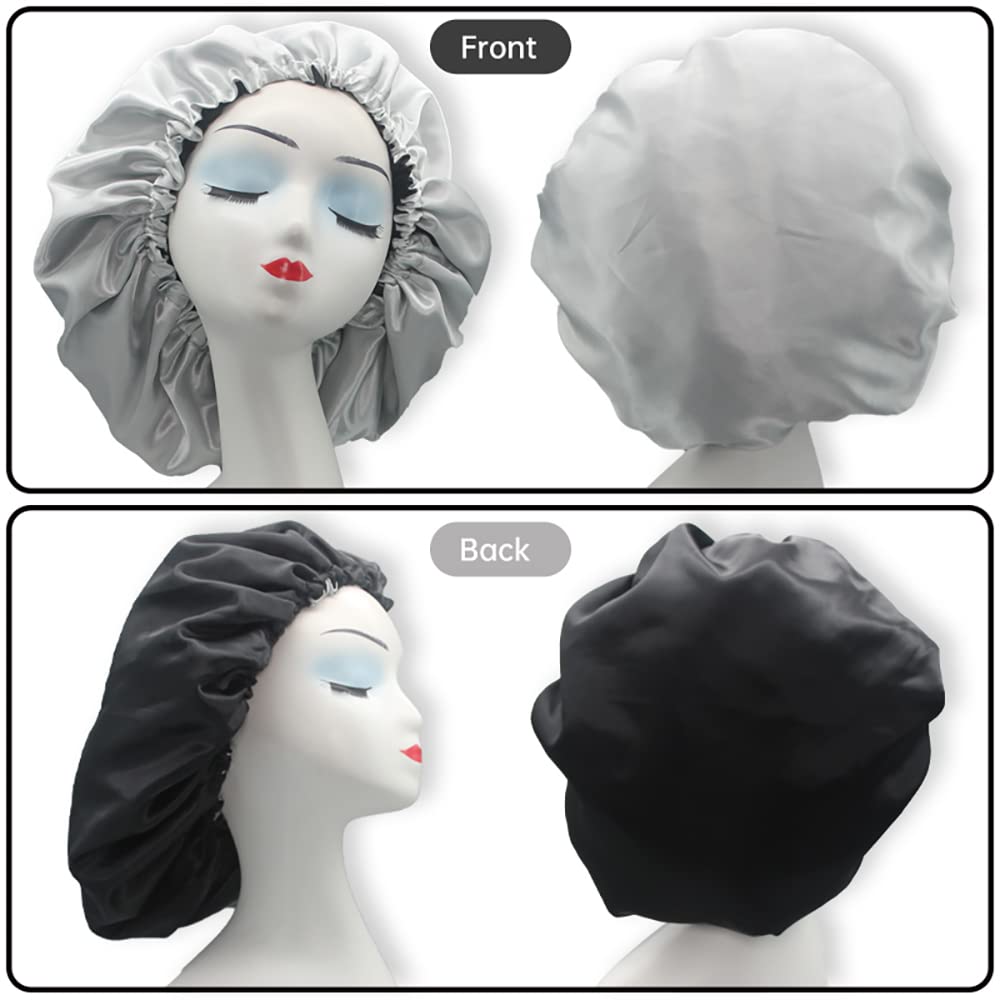 Hanbertti 2pcs Double Layer Satin Sleep Cap, Adjustable Satin Cap, Silk Bonnet, Reusable Bath Hair Cap for Night Sleeping Reversible (Silver Black+