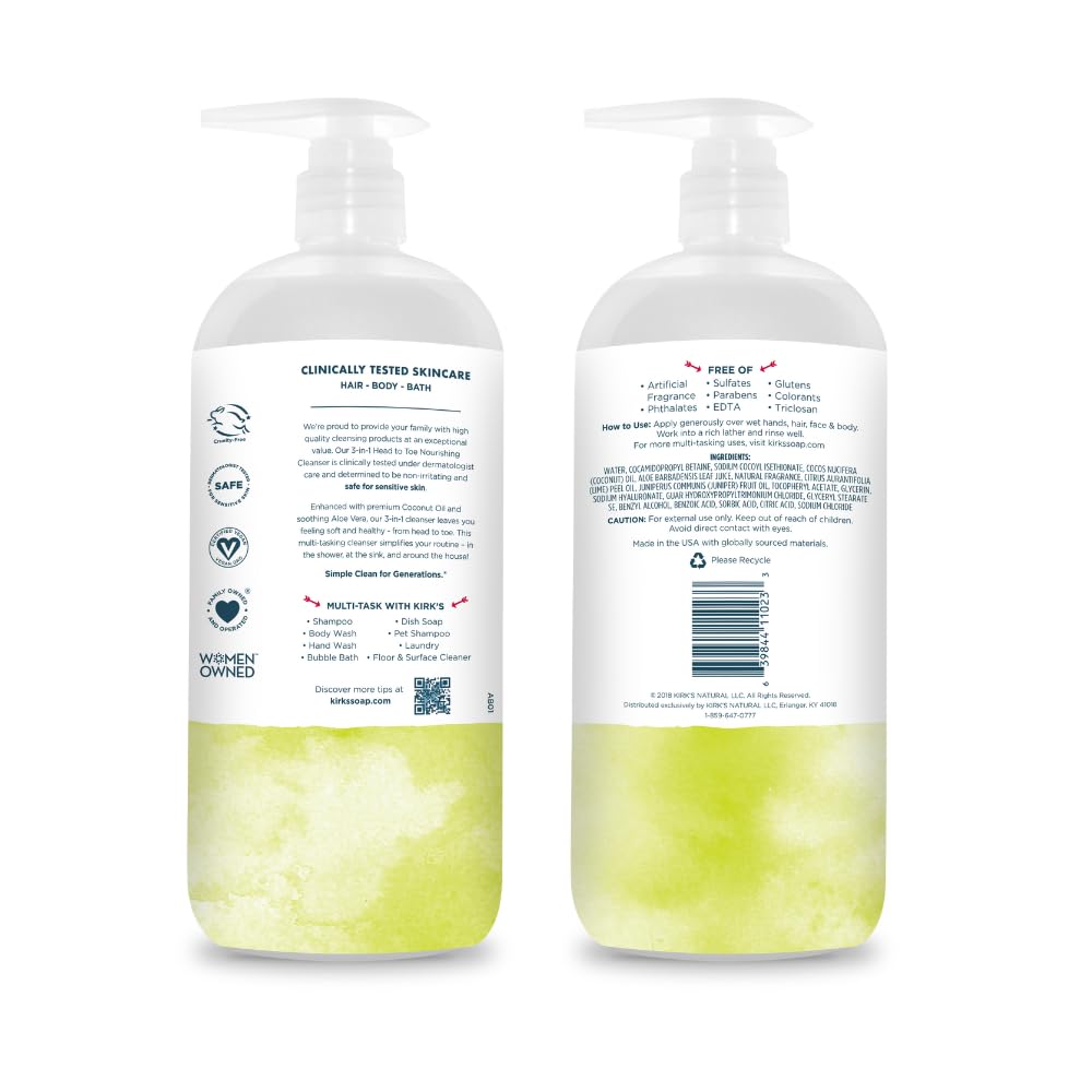 Kirk's Juniper & Lime 3-in-1 Nourishing Cleanser, Shampoo Body Wash Bubble Bath, Coconut Oil and Aloe Vera, Vegan Non-GMO, 32 Fl Oz, Pack of 2