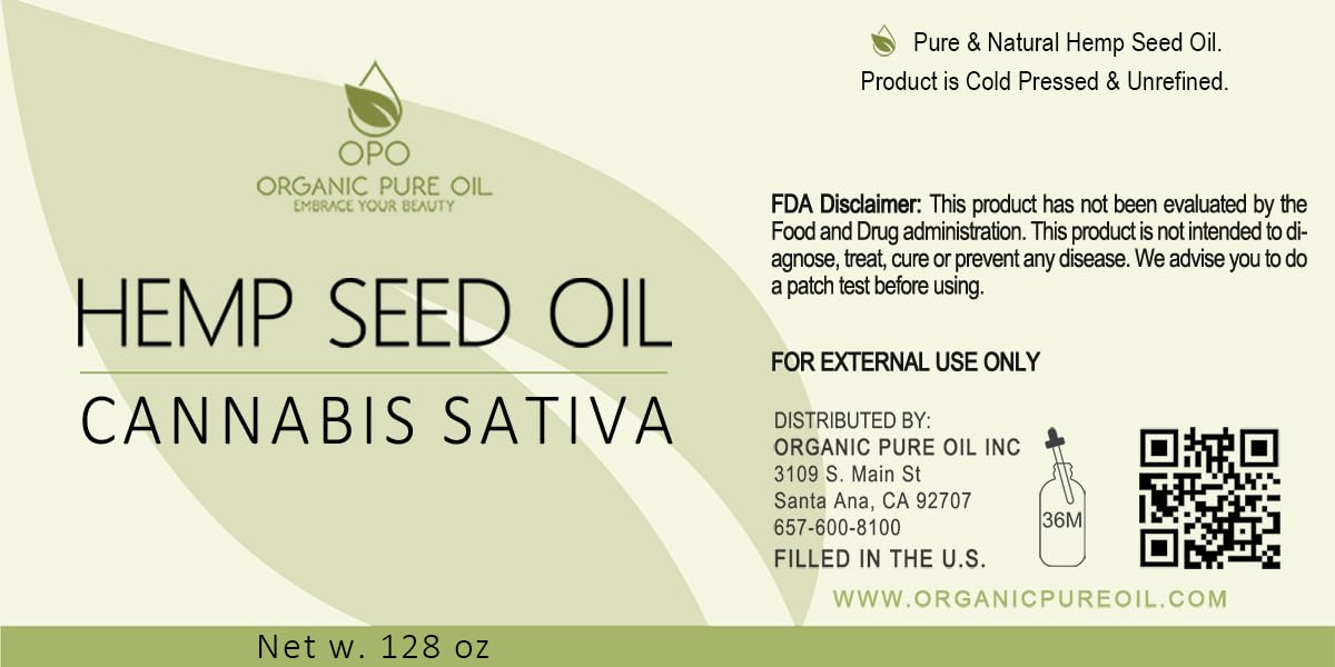 Hemp Seed Oil - Pure, Unrefined, Cold Pressed, All-Natural Non-GMO, Extra Virgin, Undiluted, Carrier Oil - Bulk 128 oz / 1 Gallon - Tinctures, Blends