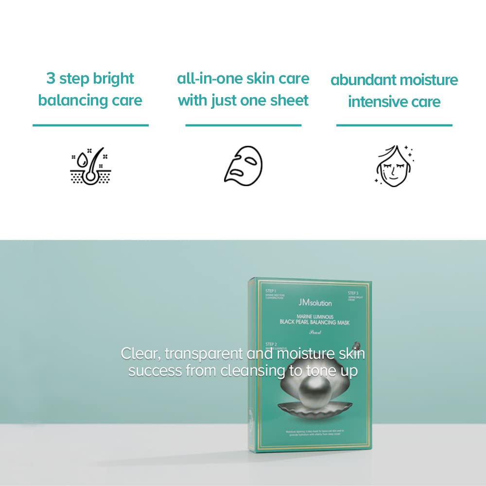 JMsolution Marine Luminous Black Pearl 3 Step Mask (10 Sets) | Bubble Cleanser + Black Sheet Mask + Finishing Cream | Oil & Moisture Balance Korean