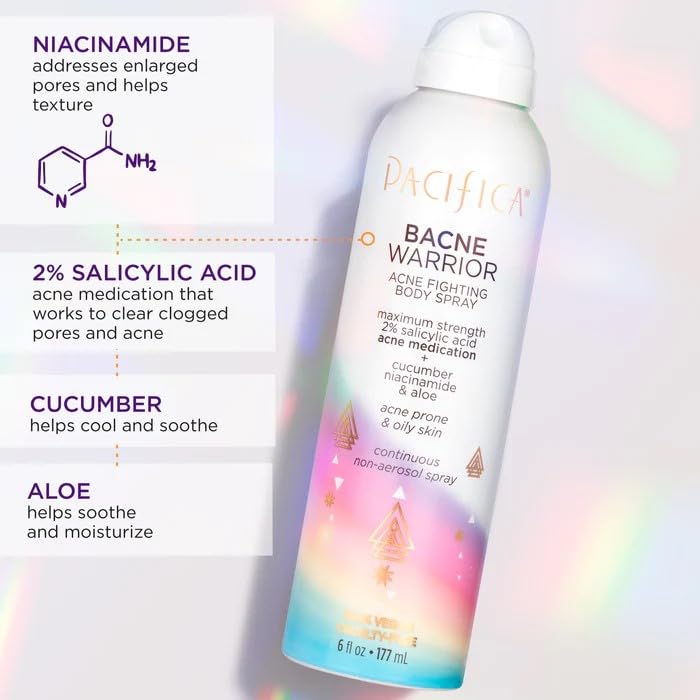 Pacifica Bacne Warrior - Bacne Salicylic Acid Spray, Back Acne Treatment Spray with 2% Salicylic Acid, Niacinamide, and Aloe, Body Acne Warrior