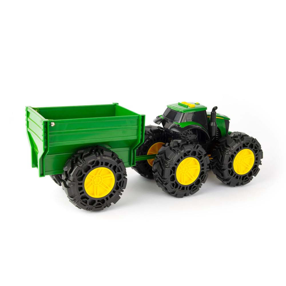 TOMY Monster Treads - John Deere Tractor Toy and Wagon - Includes Lights, Sounds, and Monster Truck Tires - John Deere Farm Toys - Ages 3 Years and Up