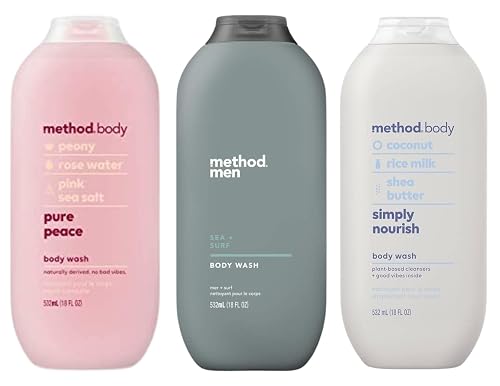 Method Body Wash Trio, Moisturizing Body Wash, Daily Shower Gel and Plant-Based Body Cleanser, Pure Peace, Sea + Surf, Simply Nourish, 18 Fluid Ounces Beauty & Personal Care Method