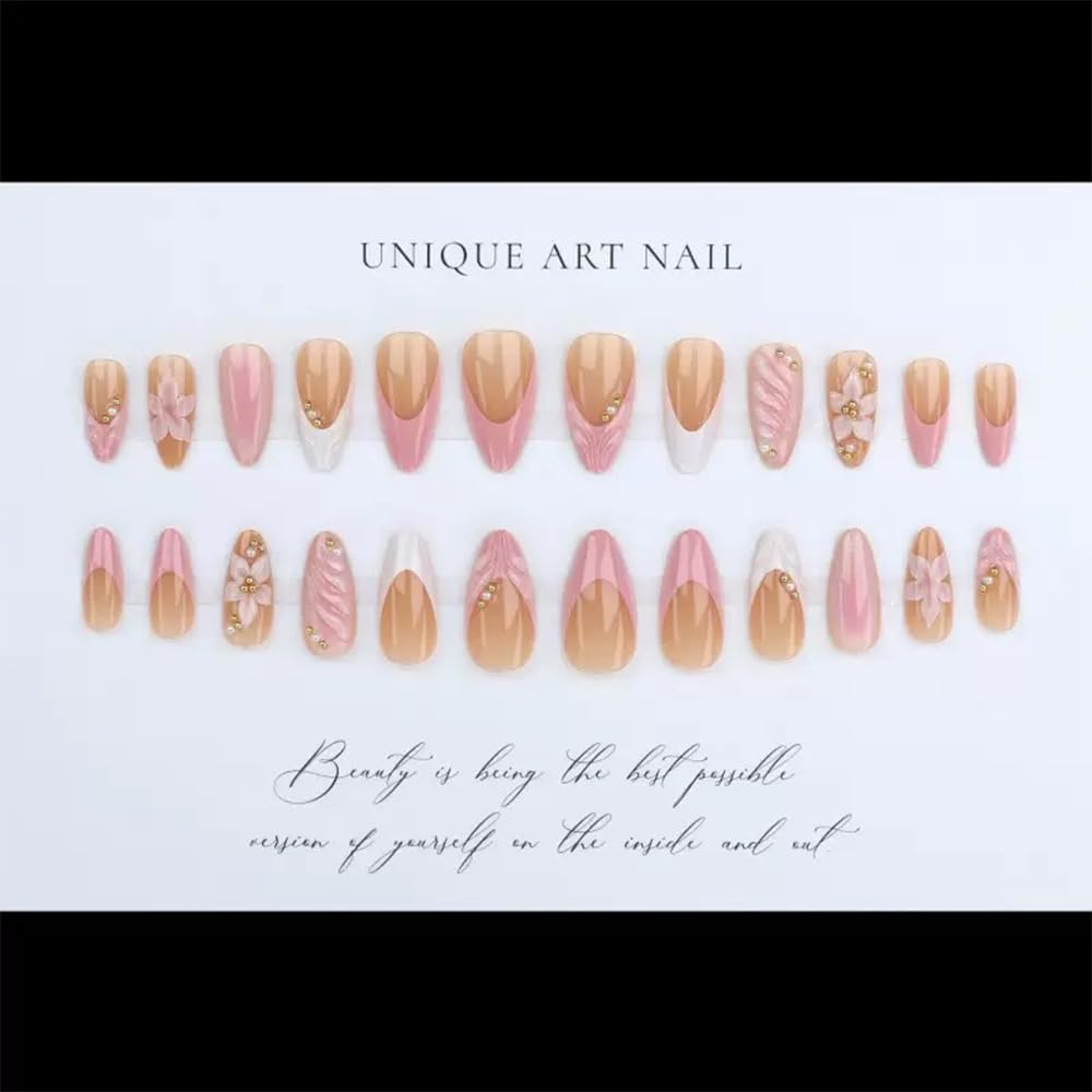 FJSMTOPl Flower Press on Nails Pink Fake Nails Mudium Almond False Nails Press ons with 3D Floral Design Stick on Nails Spring Handmade Acrylic Glue Beauty and Personal Care FJSMTOPl