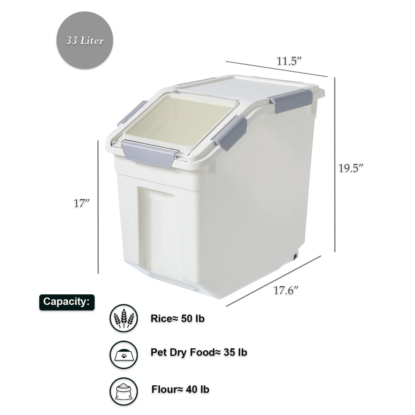 HANAMYA 33 Liter / 50 lbs Rice Storage Container with Measuring Cup, BPA free, For Rice | Grain | Pet Food | Flour, 2 count, White