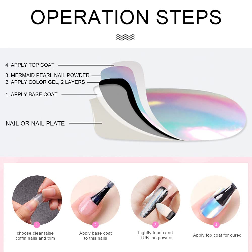 evpct 2Pcs Pearl White Mermaid Aurora Chrome Nail Powder Kit for Gel Nails Polish Rainbow Holographic Iridescent Chameleon Metallic Neon Nail Pigment