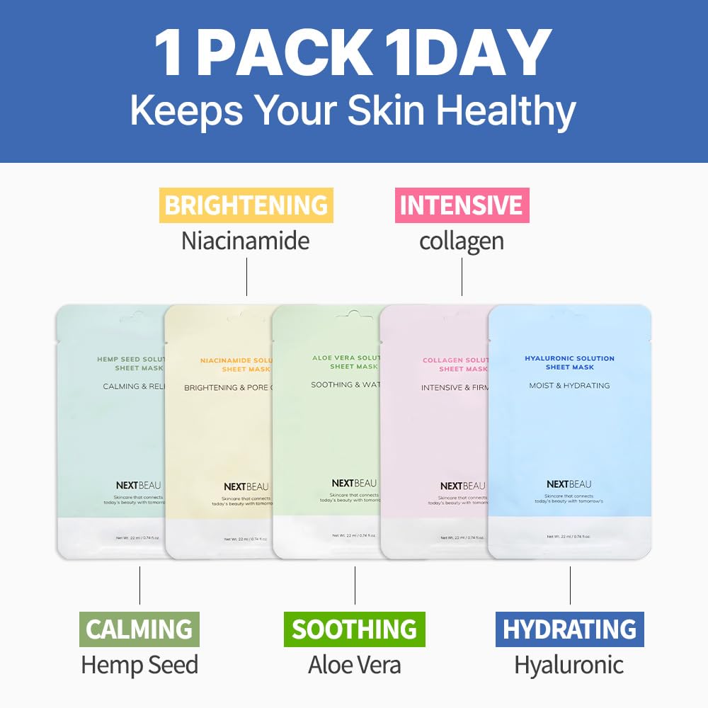 NEXTBEAU Solution Sheet Mask Variety Pack, 10 Count (5 Types x 2 Sheets), 0.74 fl oz Each, Korean Facial Sheet Masks for Daily Skincare Beauty and Personal Care NEXTBEAU