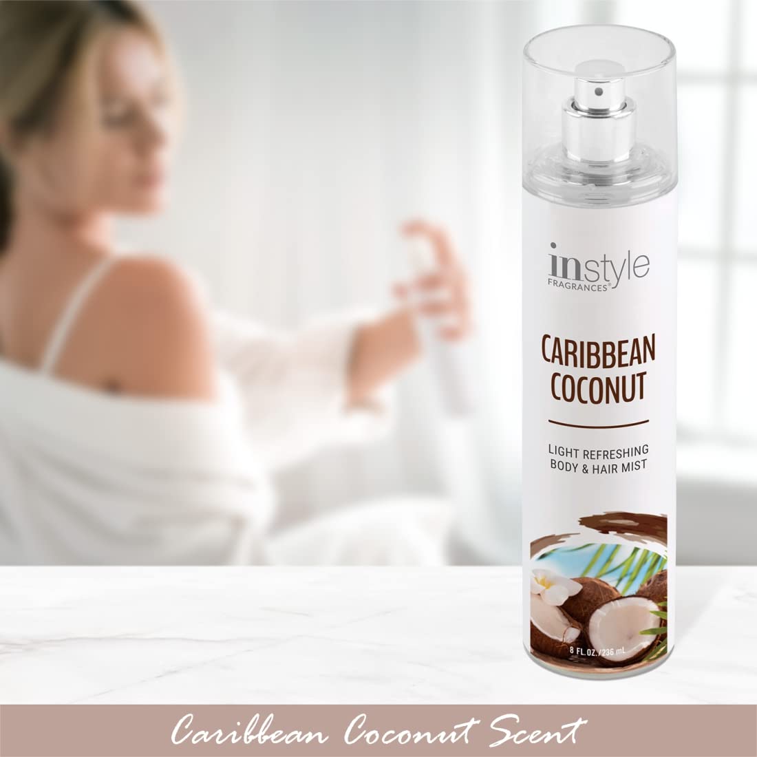 Instyle Fragrances Light Refreshing Body & Hair Mist, Caribbean Coconut, Premium Women’s Body Spray, Infused with Panthenol, CLEAN, Vegan