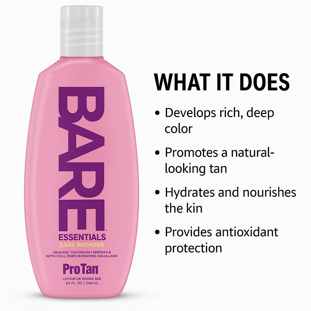 Pro Tan BARE Essentials Dark Bronzer Tanning Lotion 8.5 fl oz - Vegan DHA, Collagen Boosting Squalane, Aloe, Coconut Oil, Jojoba & Vitamins B C E