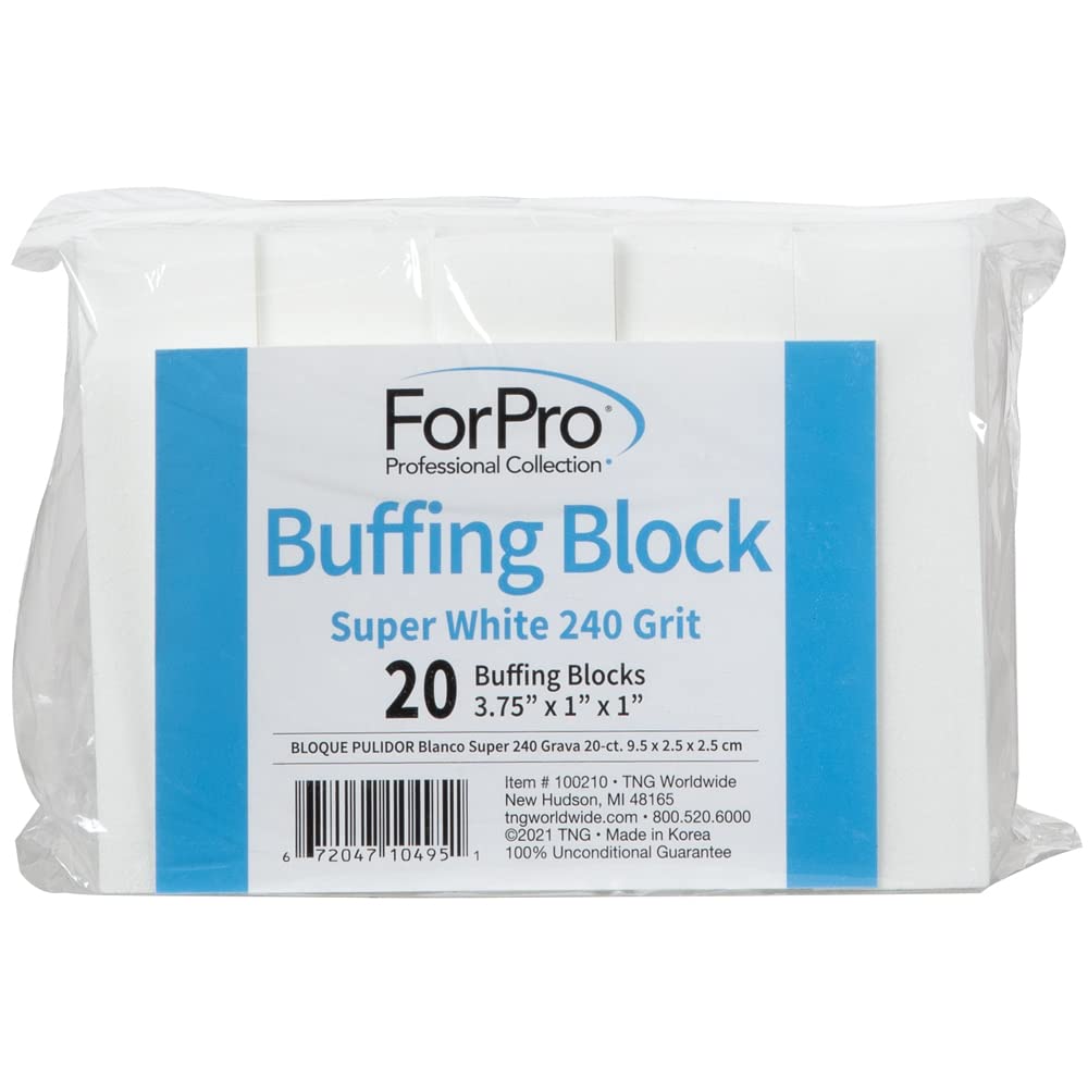 ForPro Professional Collection Super White Buffing Block, 240 Grit, Four-Sided Manicure and Pedicure Nail Buffer, 3.75” L x 1” W x 1” H, 20-Count