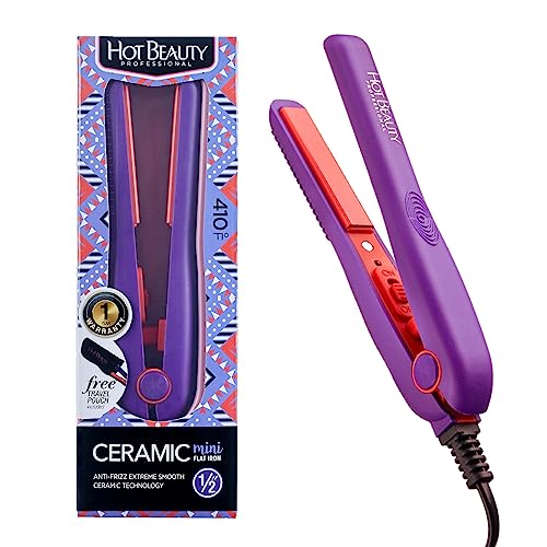 Hot Beauty Professional Ceramic Mini Flat Iron 1/2", Anti-Frizz, Fast Heating, Versatile Styling for Curly & Straight Hair, Ideal for Traveling