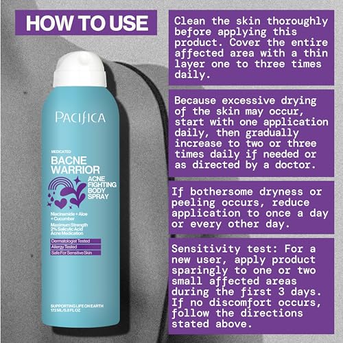 Pacifica Bacne Warrior Acne Spray – 2% Salicylic Acid, Niacinamide & Aloe – Body, Chest & Back Acne Treatment for Teens & Adults, Vegan
