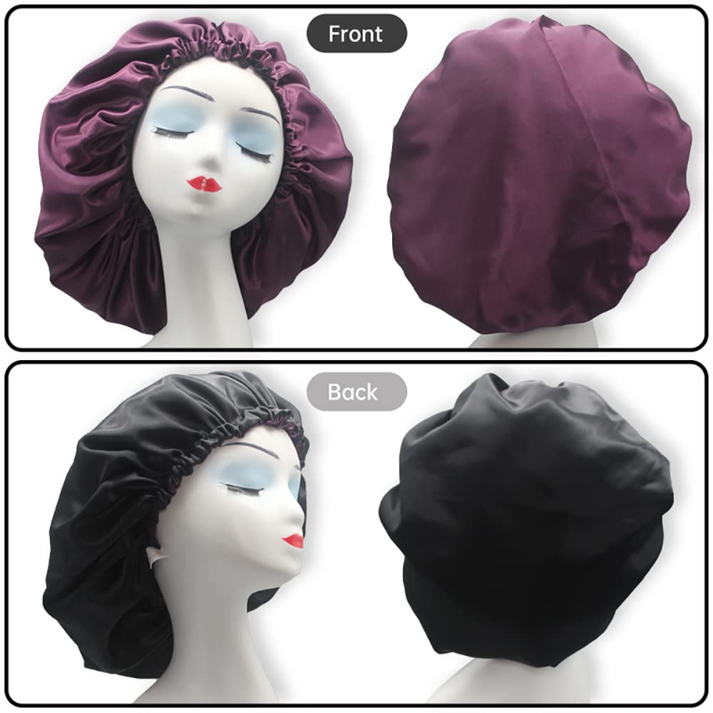 Satin Sleep Cap, Adjustable Satin Cap, Silk Bonnet, Reusable Bath Hair Cap for Night Sleeping Reversible Double Layer 2 Pack (Eggplant + Blush)