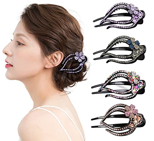 Yusier 4PCS Heart Style Ponytail Duckbill Clips with Headdresses for Women, Flower Rhinestone Barrettes Sparkly Prom Diamond Hair Clips (Plum Blossom)