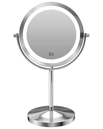 1X/10x Magnified Lighted Makeup Mirror Double Sided Round Magnifying Mirror Standing 360 Degree Swivel Vanity Mirror Battery Operated 7 Inch Diameter