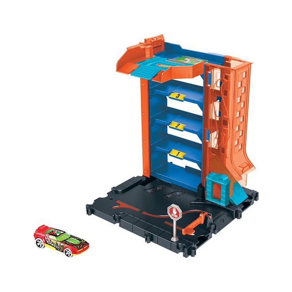 Hot Wheels City Toy Track Set, Downtown Car Park Playset with 1:64 Scale Vehicle, 4 Levels, Working Lift & Exit Chute