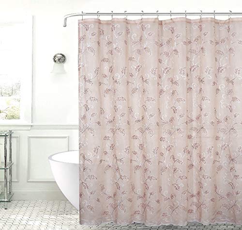 SERAFINA Decorative Sheer Fabric Shower Curtain: Two Toned Dusty Pink and White Embroidered Leaves with Metallic Threading (Blush/White) 70 x 72