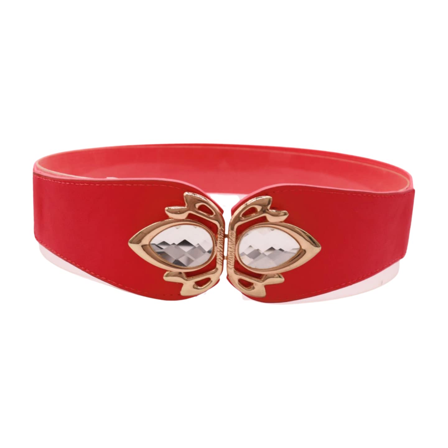 Women Fashion Belt Hip High Waist Elastic Stretch Waistband Metal Bling Buckle S M Coral Color