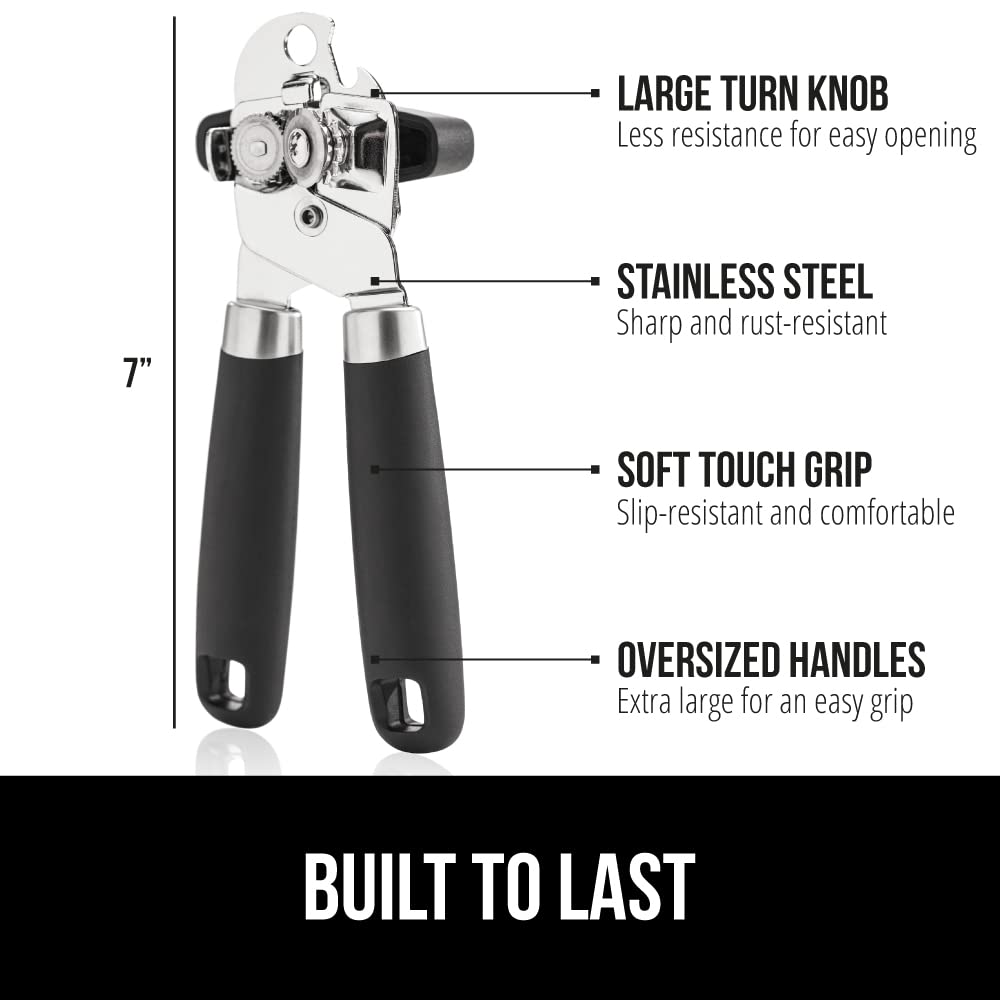 GORILLA GRIP Stainless Steel Can Opener – Smooth Edge Manual Opener with Easy-Turn Knob & Ergonomic Handle – Black
