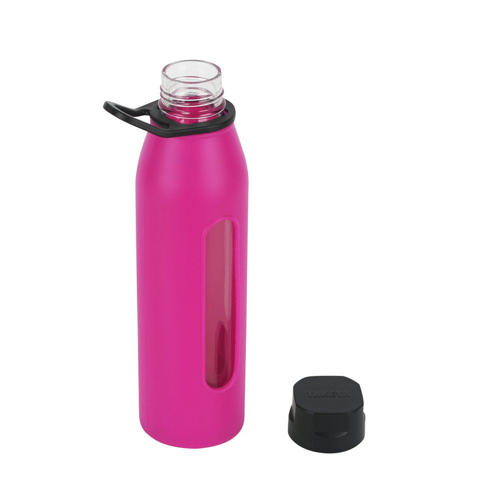 Takeya 22 Ounce Classic Glass Water Bottle with Silicone Sleeve and Twist Cap, Fuchsia