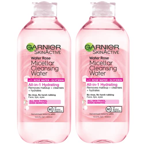 Garnier Micellar Water with Rose Water and Glycerin, Hydrating Facial Cleanser & Makeup Remover, For All Skin Types, Vegan, Cruelty Free, 13.5 Fl Oz