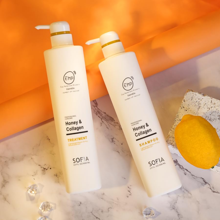 ODE SOFIA Honey & Collagen Shampoo and conditioner, for normal to dry hair, women, men and teens, 23Fl OZ, 680ml (set of Shampoo and conditioner)