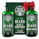 Viking Revolution Tea Tree Oil Beard Wash and Beard Conditioner For Men - Natural Beard Softener Set with Argan Oil, Vitamin E and Ginseng - Beard