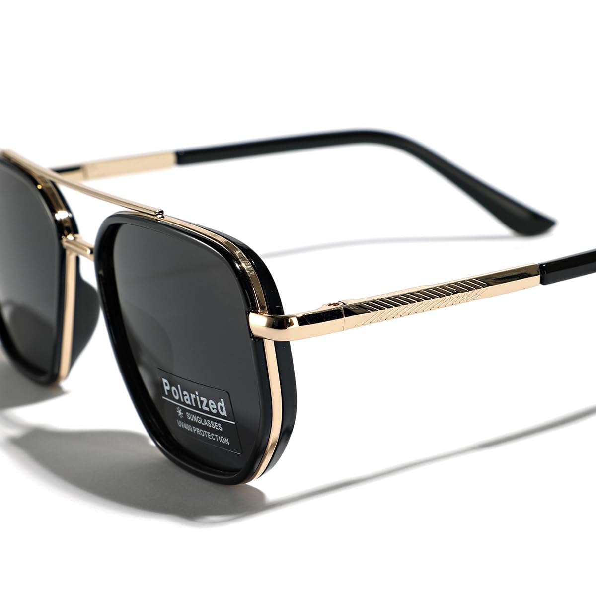 weiyuchen Polarized TR90 Sunglasses Vintage Square Flattop Sun Glasses Double Bridge Metal UV400 Eyewears (gold with black)