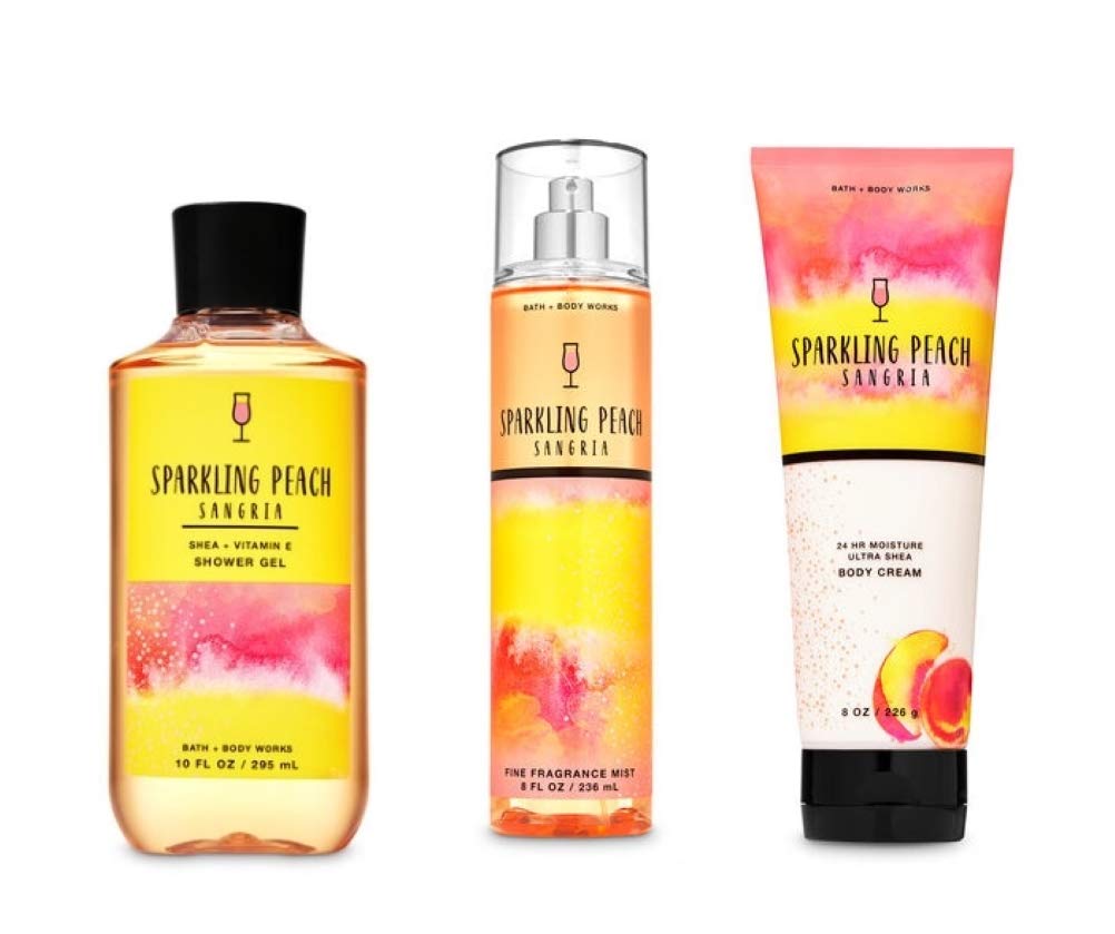 Bath and Body Works - Sparkling Peach Sangria - 3 pc Bundle - Shower Gel, Fine Fragrance Mist and Ultra Shea Body Cream - (2020)